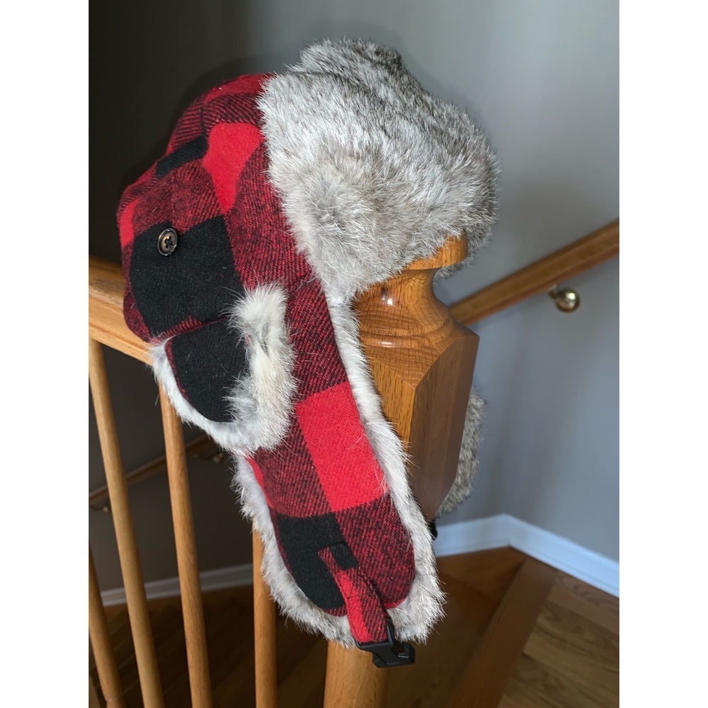 Red Plaid Winter Hat w/ Real Rabbit Fur